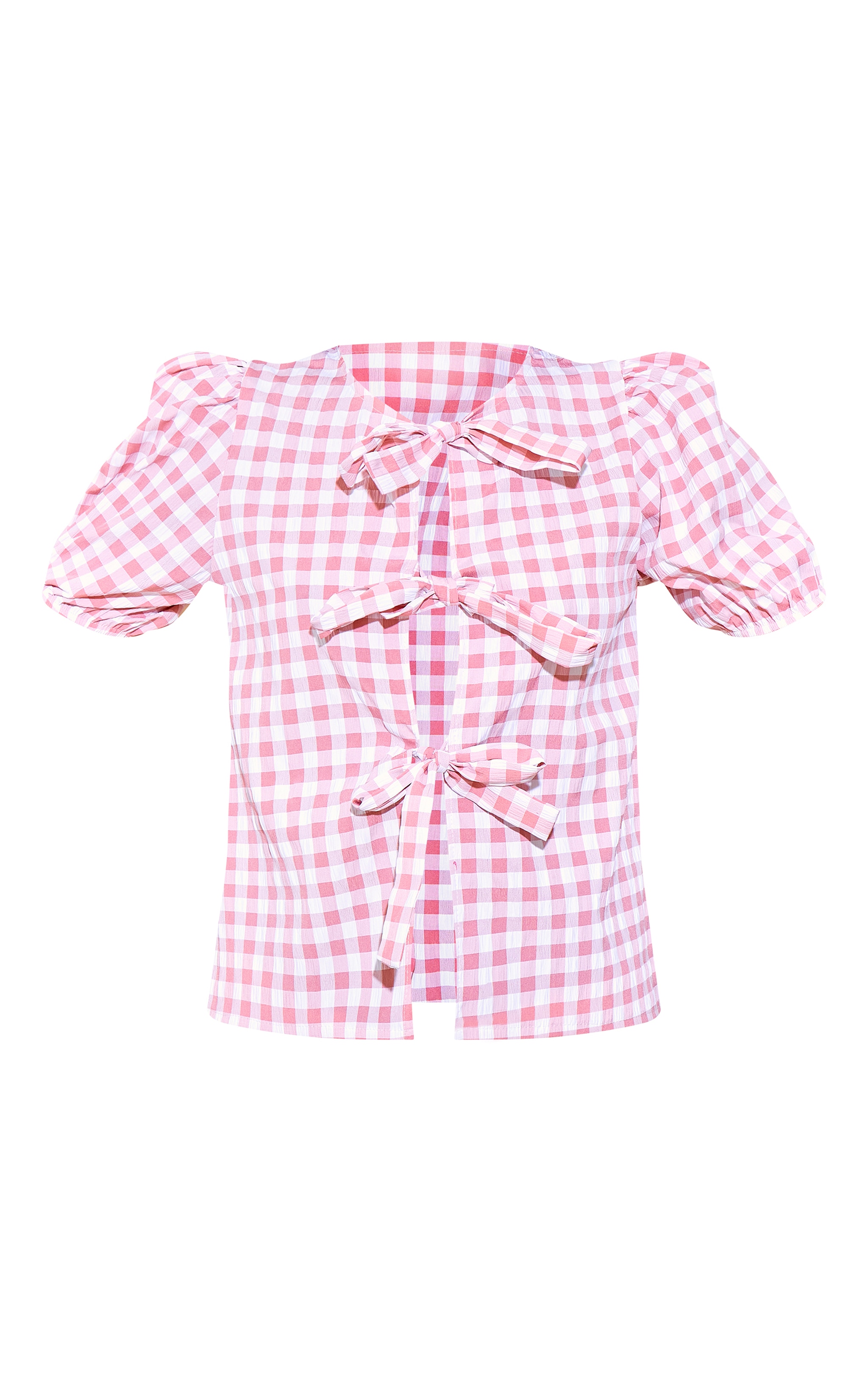 Pink Gingham Tie Front Puff Sleeve Blouse image 5