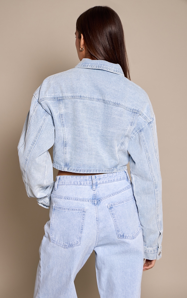 Light Blue Balloon Sleeve Cropped Denim Jacket image 2