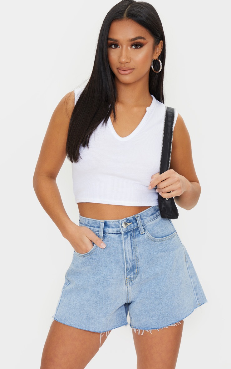 Petite Light Blue Wash Frayed Hem Denim Shorts