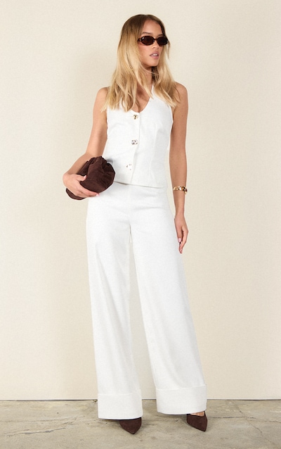 Cream Textured Woven Wide Leg Pant