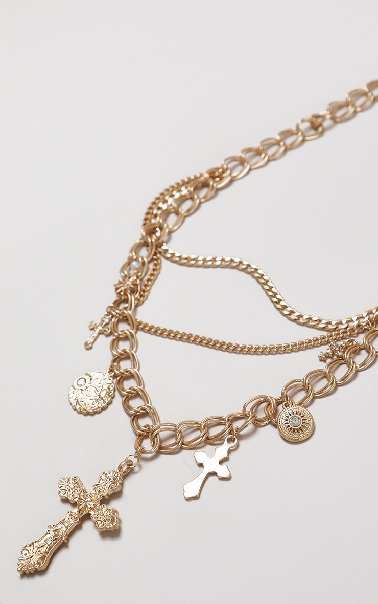 Gold Multiple Cross Charm Layering Necklace