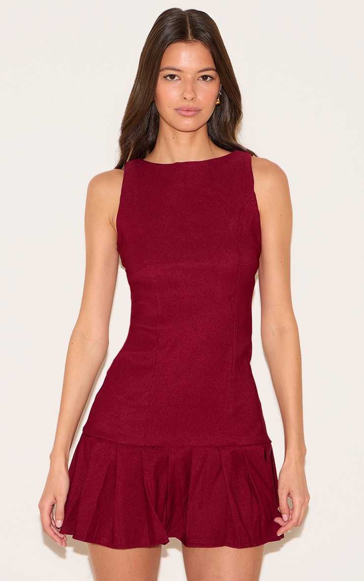 Burgundy Stretch Woven Frill Hem Shift Dress | Dresses