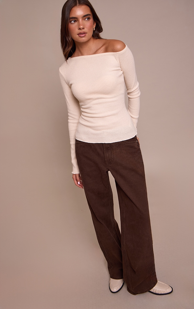 Cream Soft Brushed Rib Asymmetric Long Sleeve Top image 3