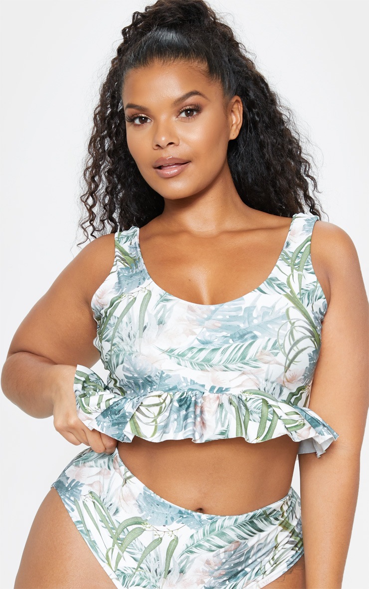Plus Khaki Leaf Print Frill Detail Bikini Top