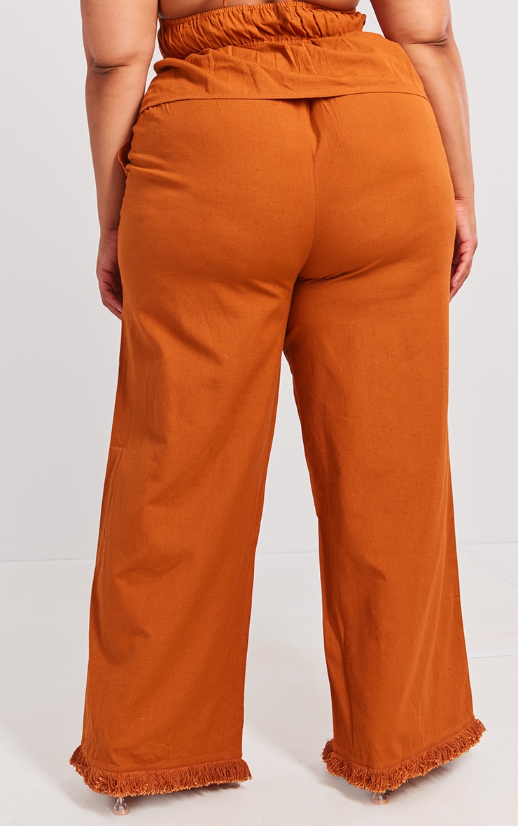 Plus Burnt Orange Linen Look Frayed Hem Wide Leg Pants image 2