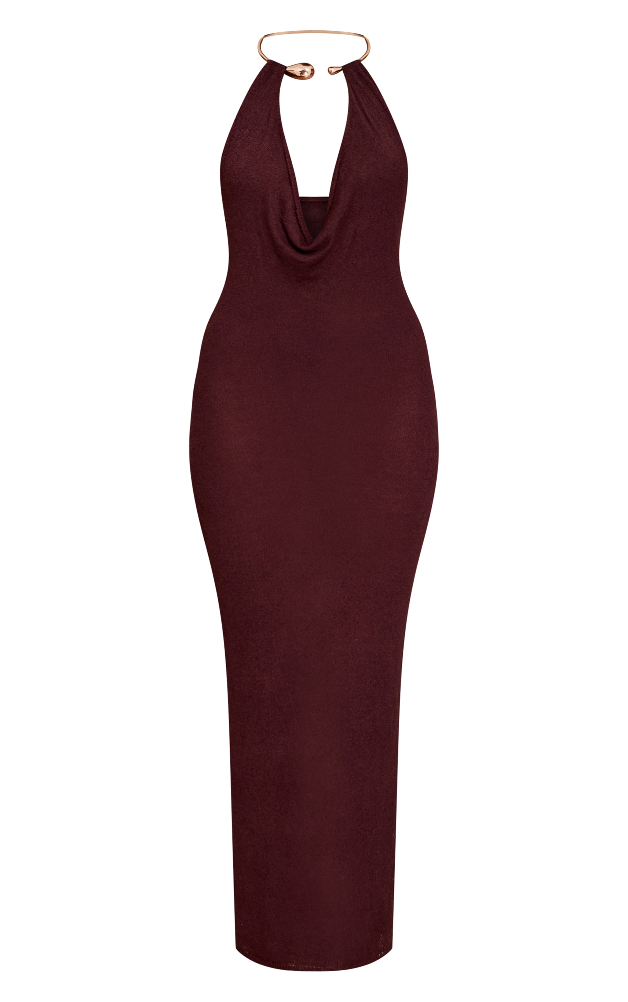 Robe longue en maille tricot chocolat à empiècement collier doré image 5