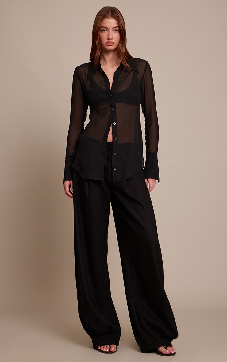 Black Chiffon Oversized Collar Button Down Fitted Shirt image 3