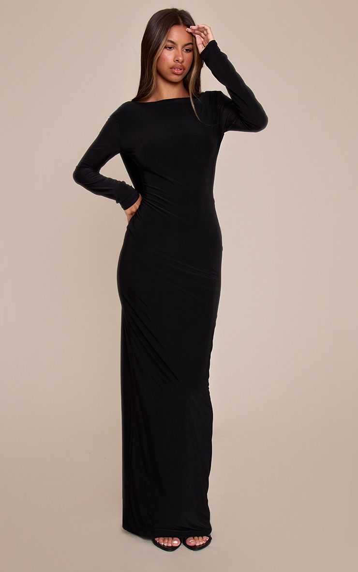 Petite Black Open Back Drape Long Sleeve Maxi Dress image 3