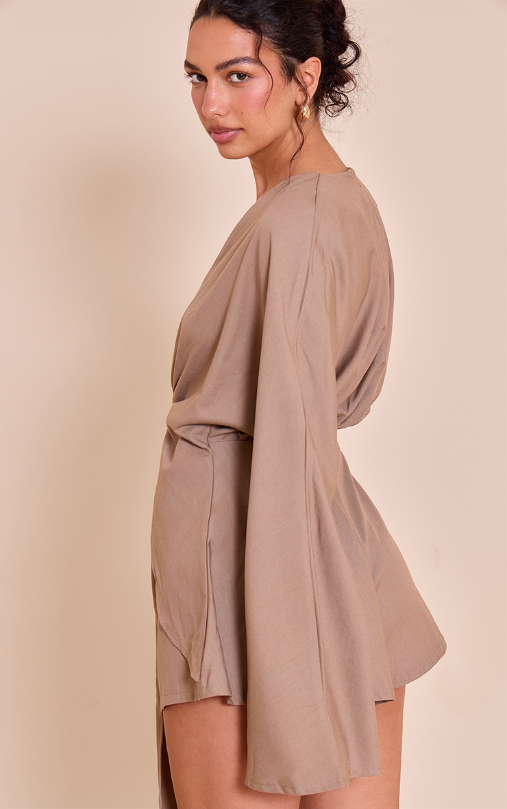 Mushroom Woven Trim Detail Plunge Drape Romper image 2