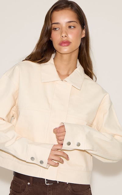 Ecru Covered Placket Cropped Twill Jacket