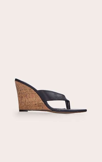 Black Pu Round Toe Thong Heeled Wedges