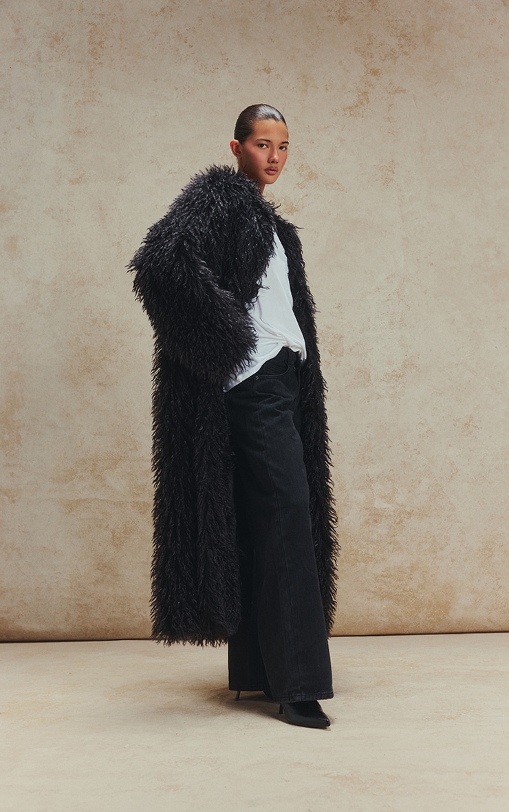 Black Faux Mongolian Fur Collarless Maxi Coat image 3