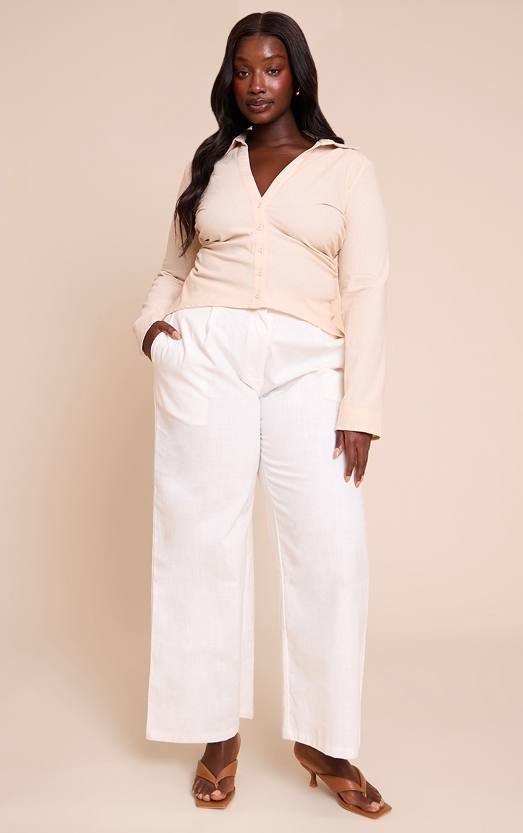 Plus Beige Linen Shoulder Padded Fitted Shirt image 3
