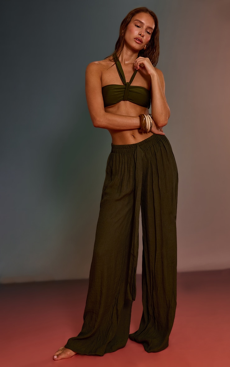 Khaki Linen Look Textured Woven Palazzo Beach Pants image 1