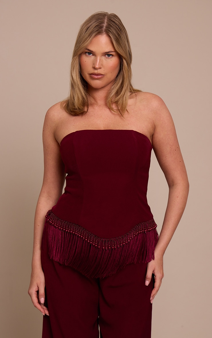 Shape Burgundy Beaded Fringe Hem Bandeau Top