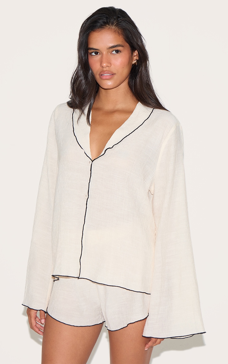 Sand Linen Look Textured Contrast Trim Oversized Shirt image 1