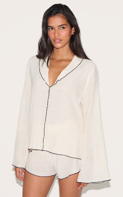 Sand Linen Look Textured Contrast Trim Oversized Shirt