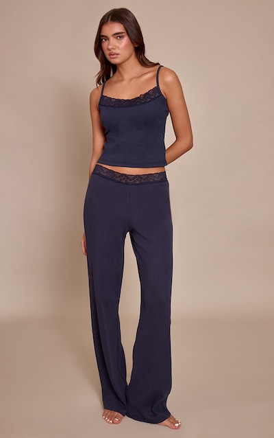 Pantalon large bleu marine à bordure en dentelle