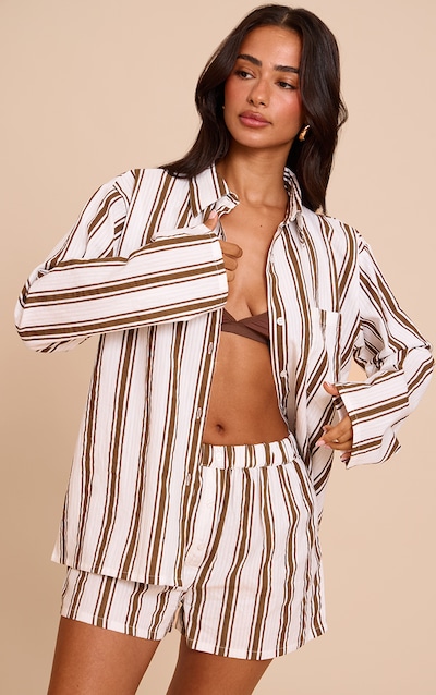 Petite Beige Striped Linen Look Oversized Long Sleeve Shirt