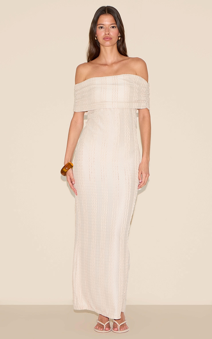 Robe longue texturée crème à col bardot image 1