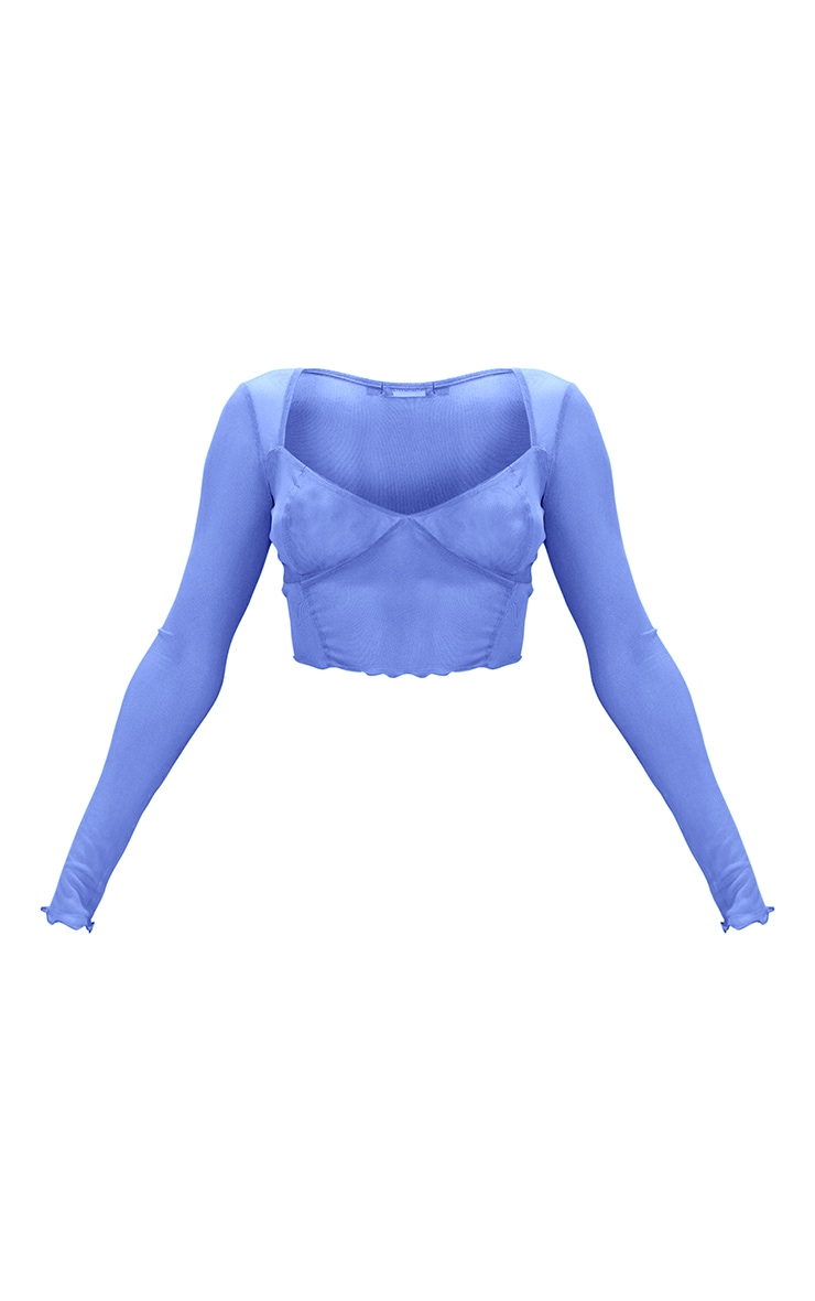 Bright Blue Mesh Long Sleeve Seam Detail Crop Top image 5
