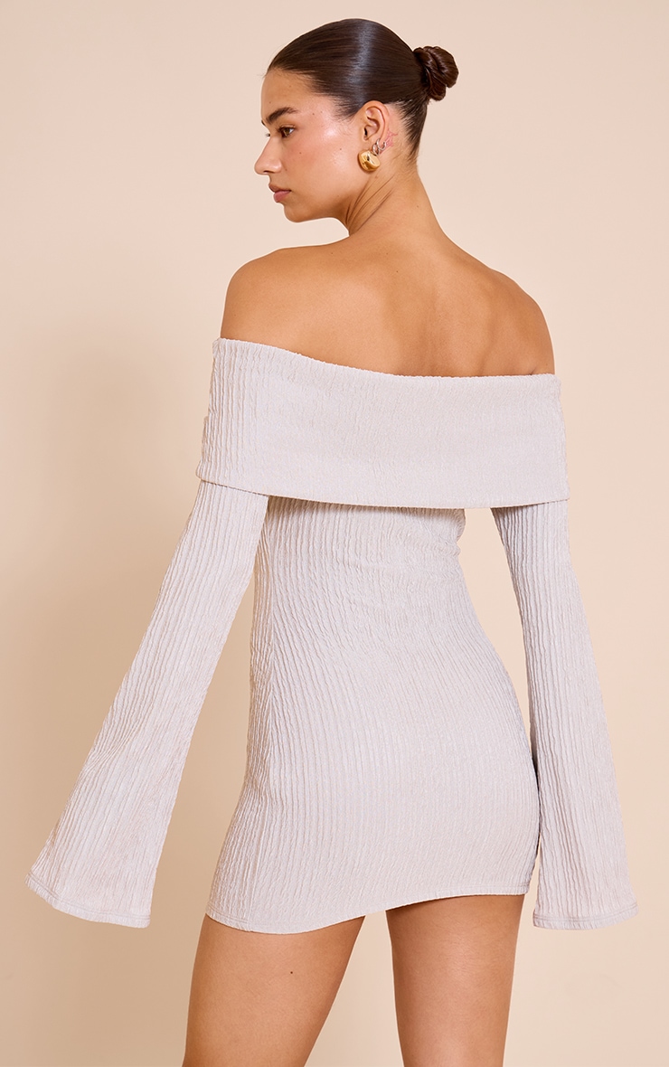 Grey Textured Bardot Long Sleeve Bodycon Dress image 2