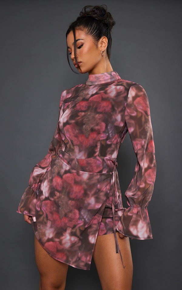 Multi Blurred Floral Print Chiffon Wrap Detail Playsuit