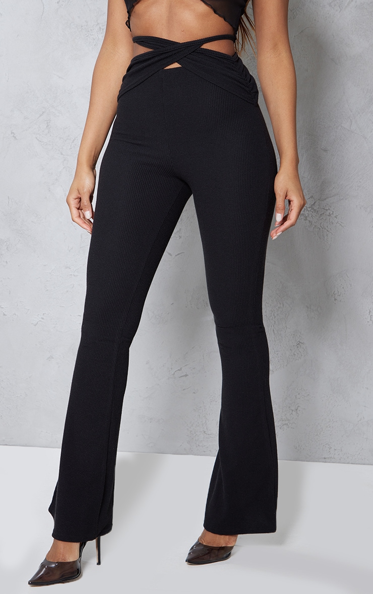 Pantalon flare côtelé noir à devant taille croisée image 2