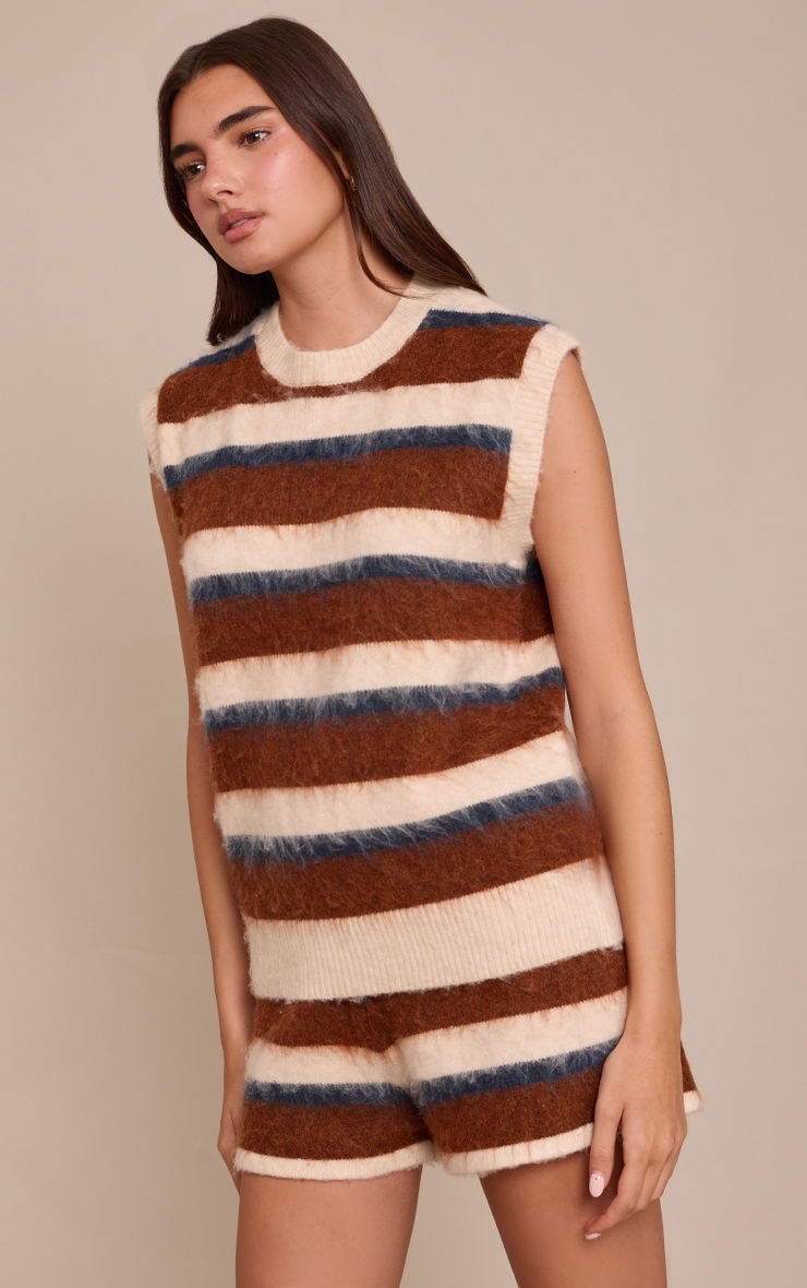 Brown Striped Brushed Aurora Knitted Shorts  image 4