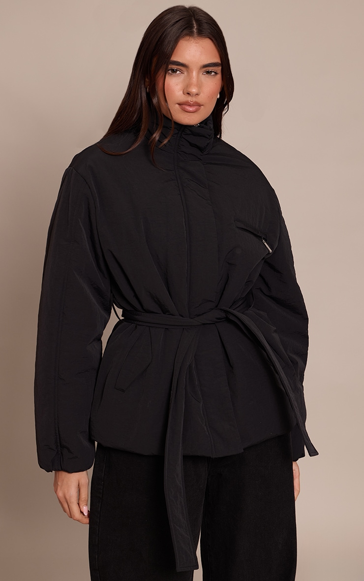 Black Tie Waist Quilted Coat image 1
