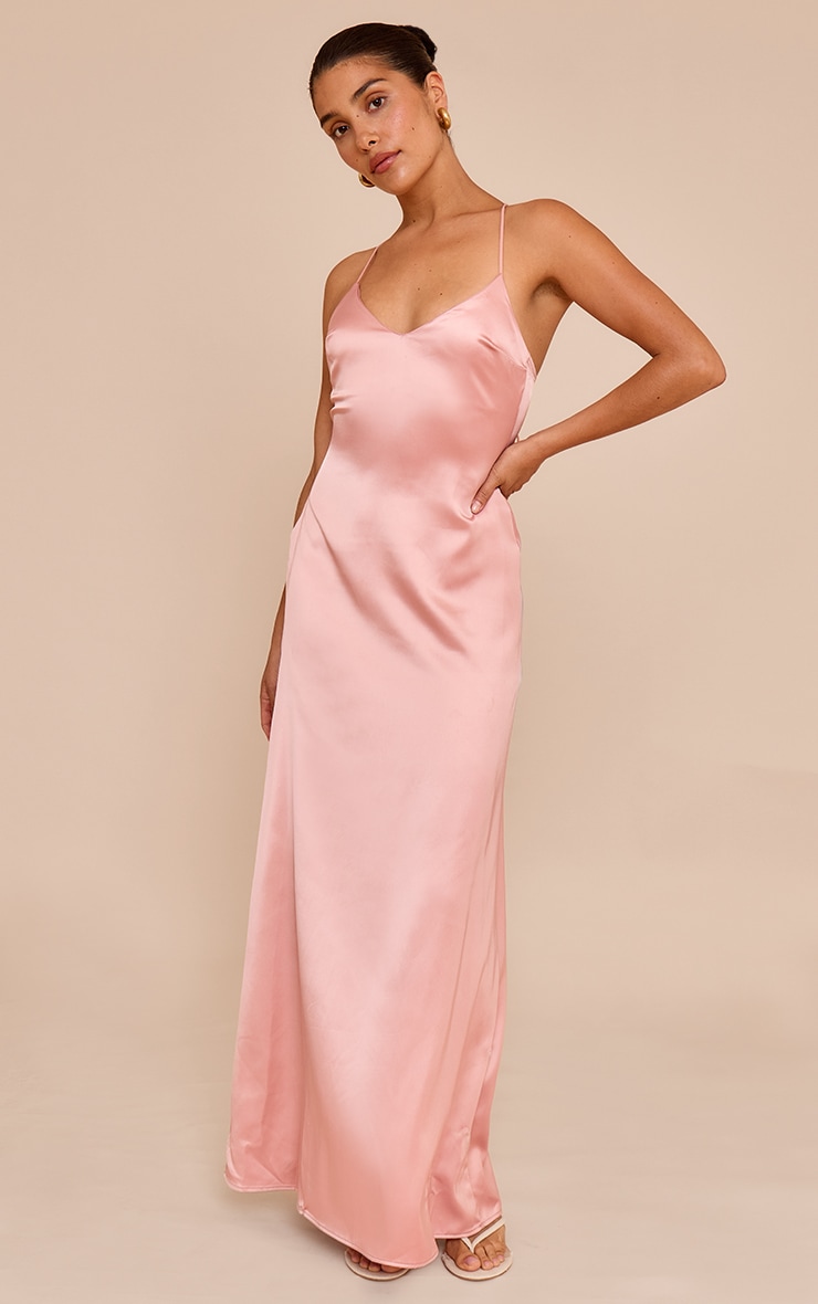 Petite Baby Pink Satin Strappy Open Back Maxi Dress image 3
