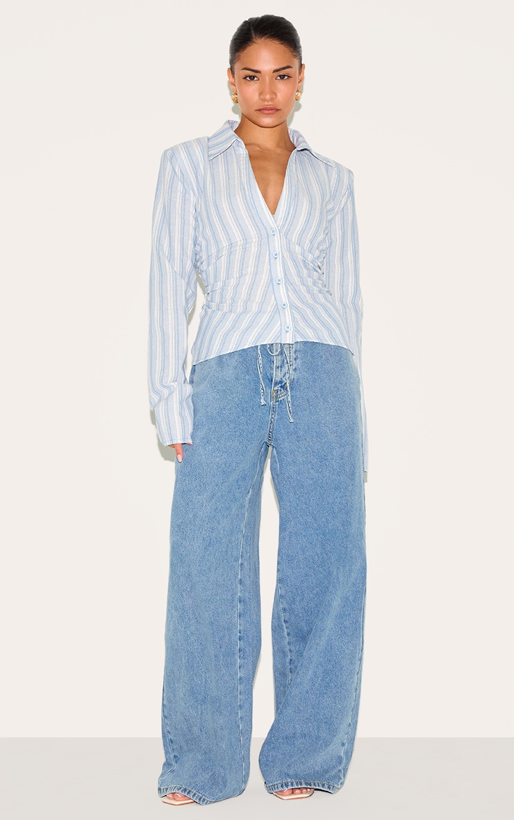 Petite Blue Stripe Linen Look Shoulder Padded Fitted Shirt image 3