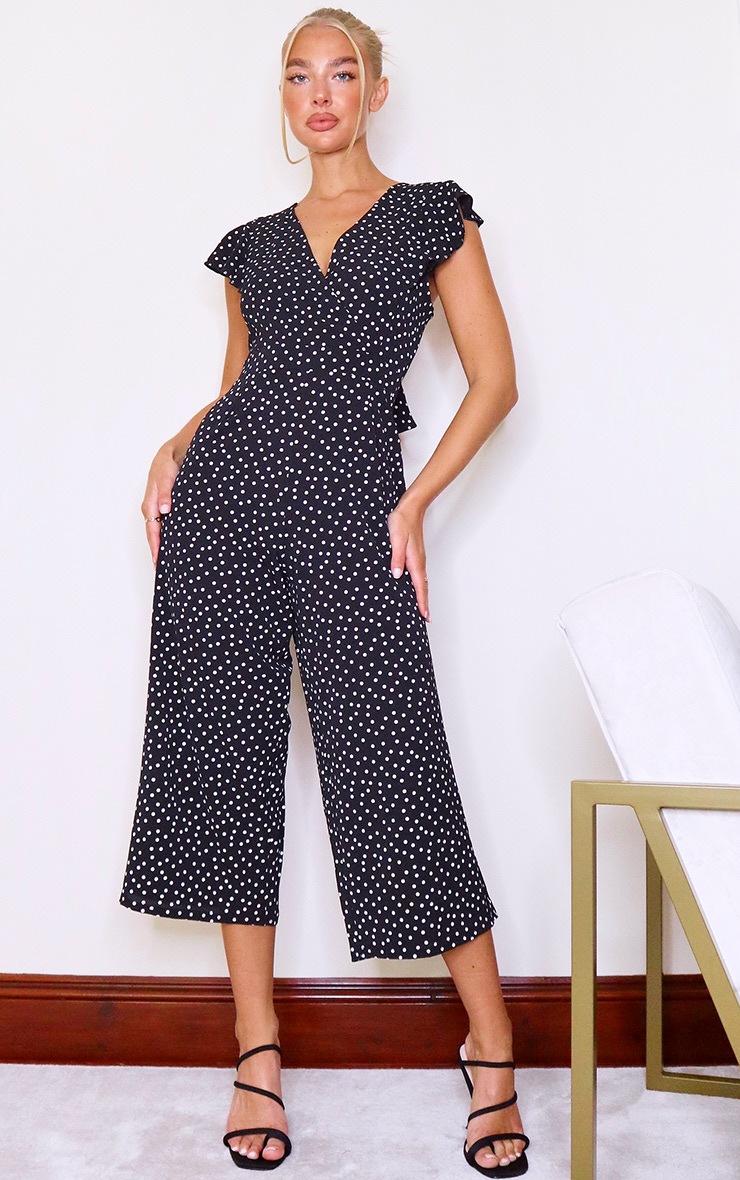 Black Polka Dot Wrap Tie Back Jumpsuit