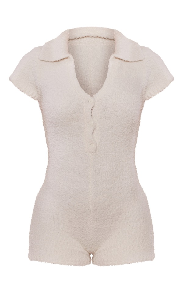 Cream Teddy Knit Playsuit Knitwear PrettyLittleThing