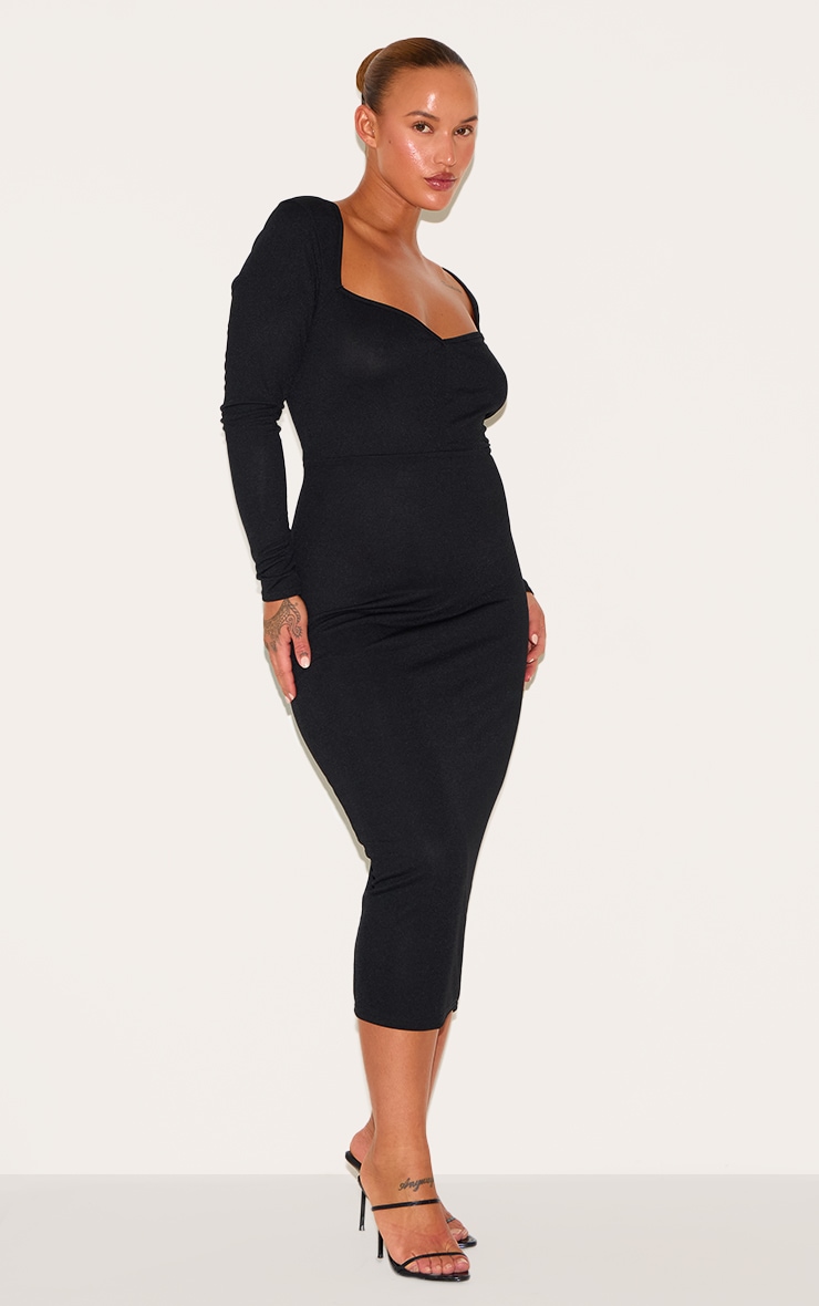 Plus Black Sweetheart Neck Long Sleeve Midi Dress image 3