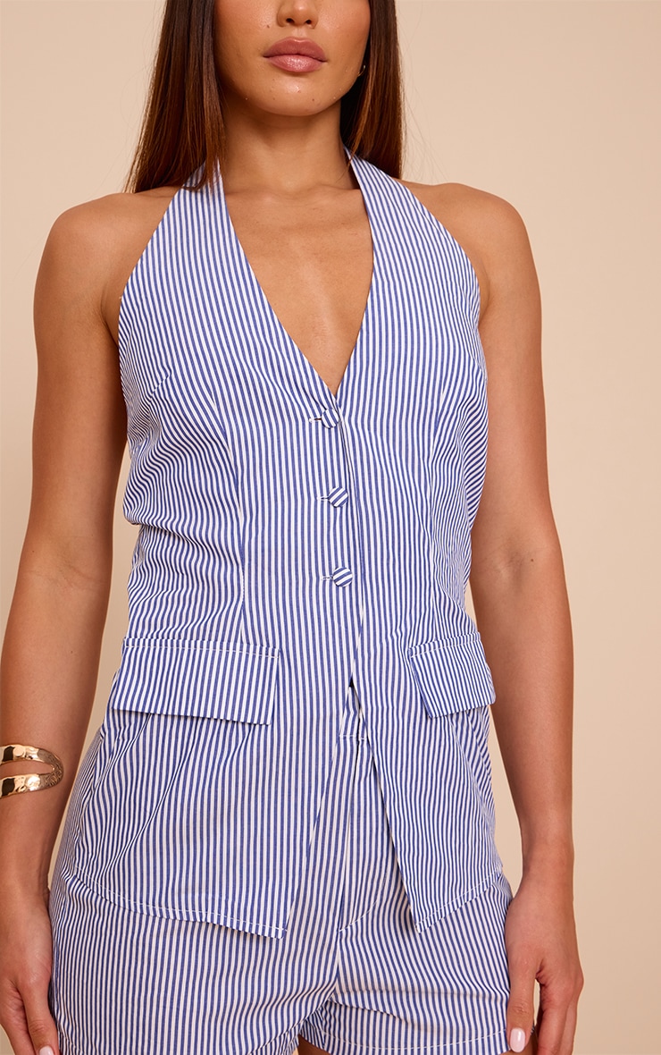 Tall Blue Pinstripe Halter Vest Tailored Romper image 4