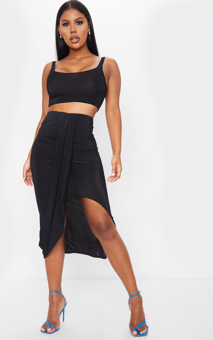 Black Slinky Drape Front Midaxi Skirt