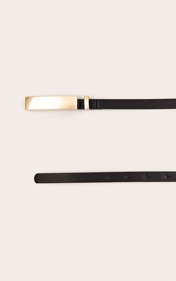 Black PU Elongated Gold Buckle Skinny Belt image 3