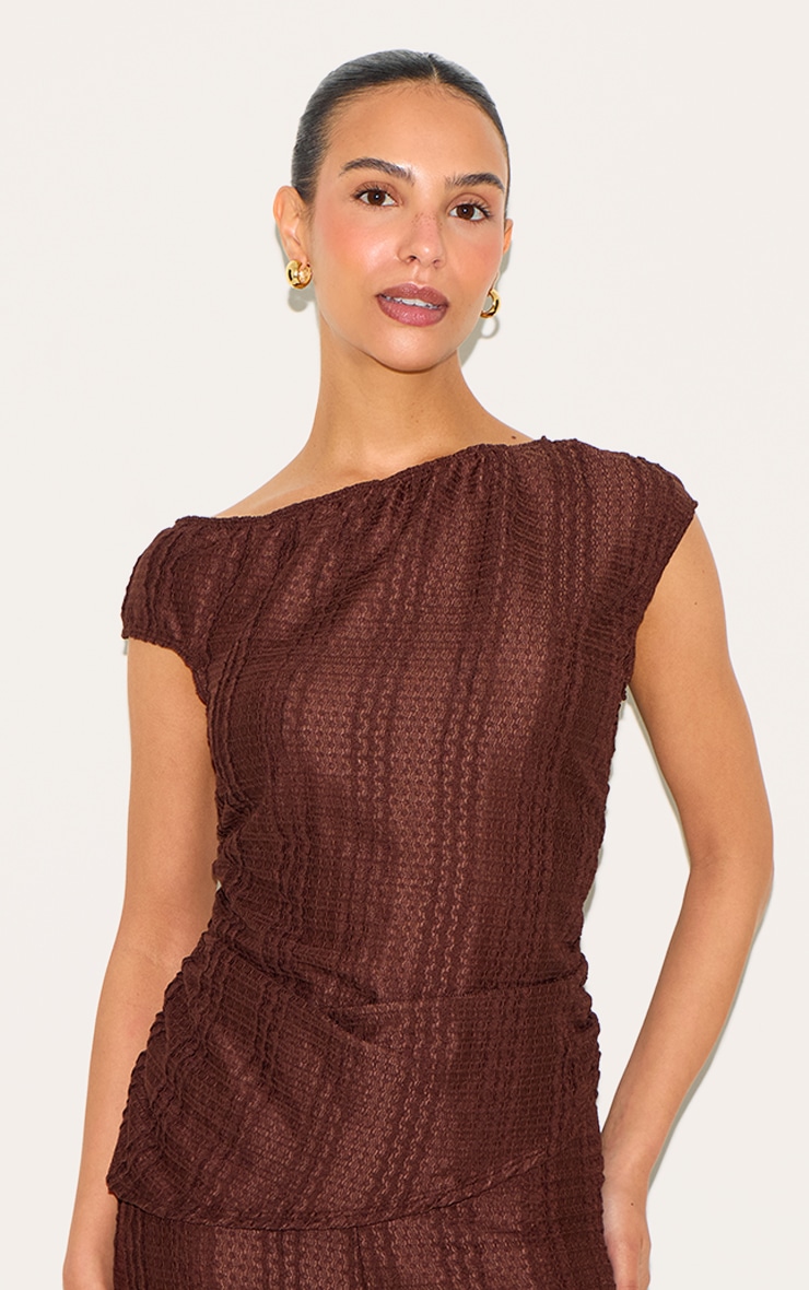 Petite Chocolate Asymmetric Textured Off Shoulder Top image 4