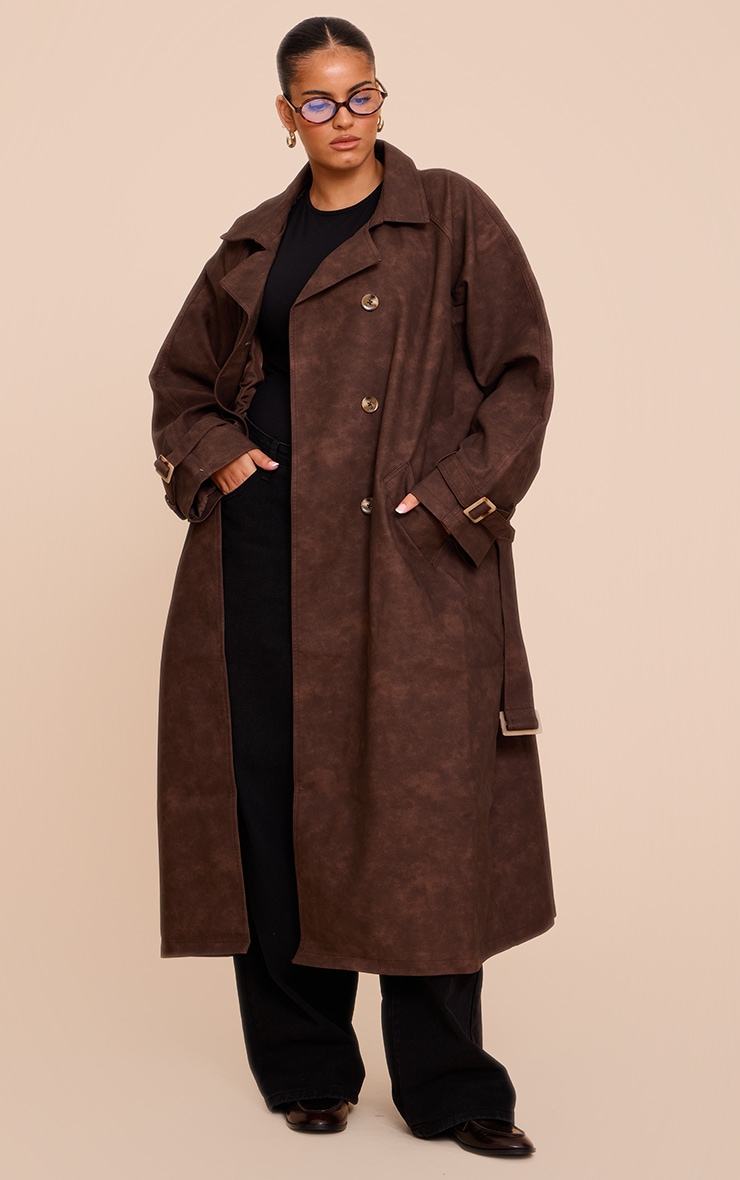 Plus Chocolate Textured Faux Leather Trench Coat image 1