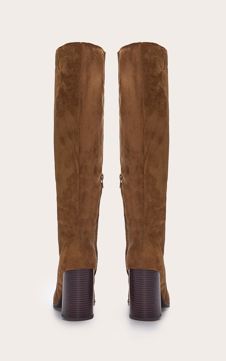Tan Faux Suede Round Toe High Block Heel Knee High Boots image 3