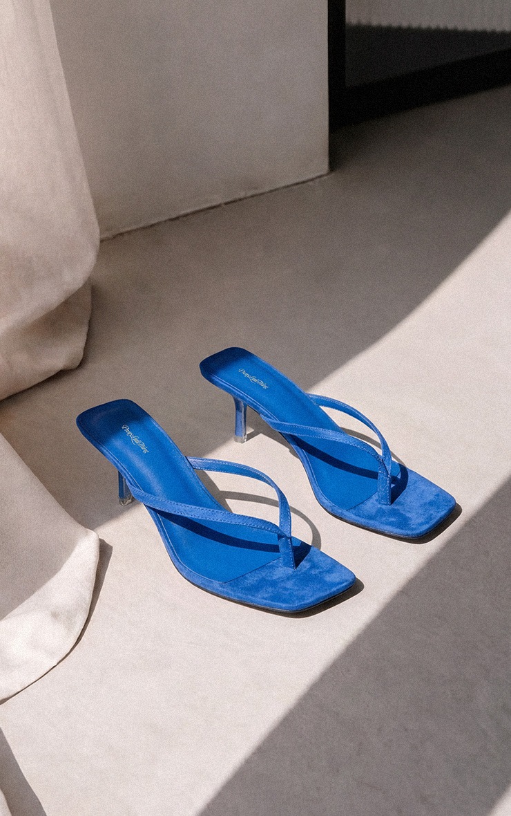 Cobalt Faux Suede Square Toe Thong Mid Heeled Mules
