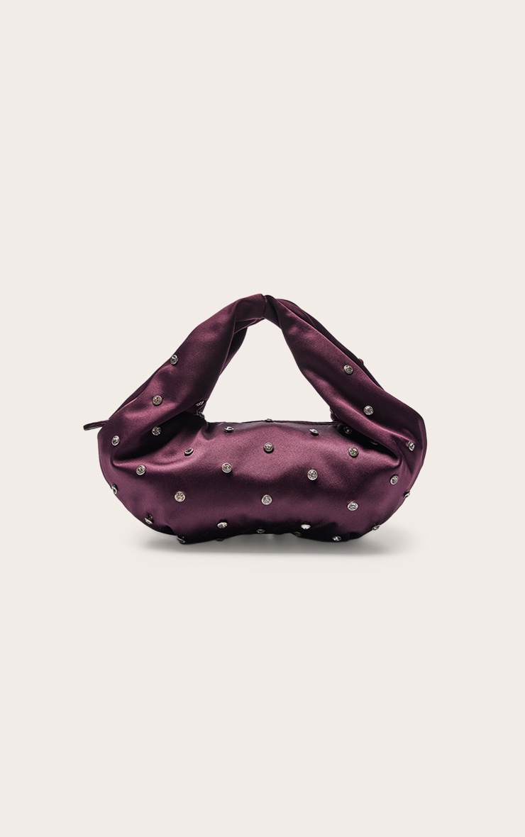 Plum Satin Diamante Stud Clutch Bag image 2