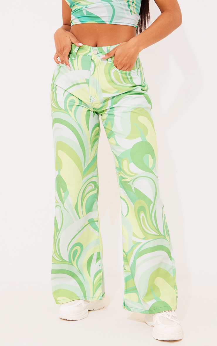 Green Geometric Print Split Hem Jeans image 2