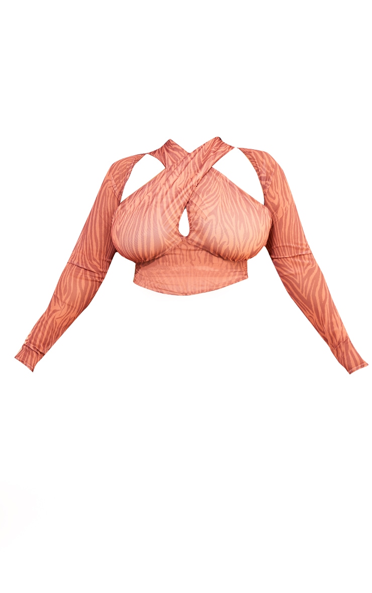 Plus Brown Mesh Cross Front Longsleeve Top image 5