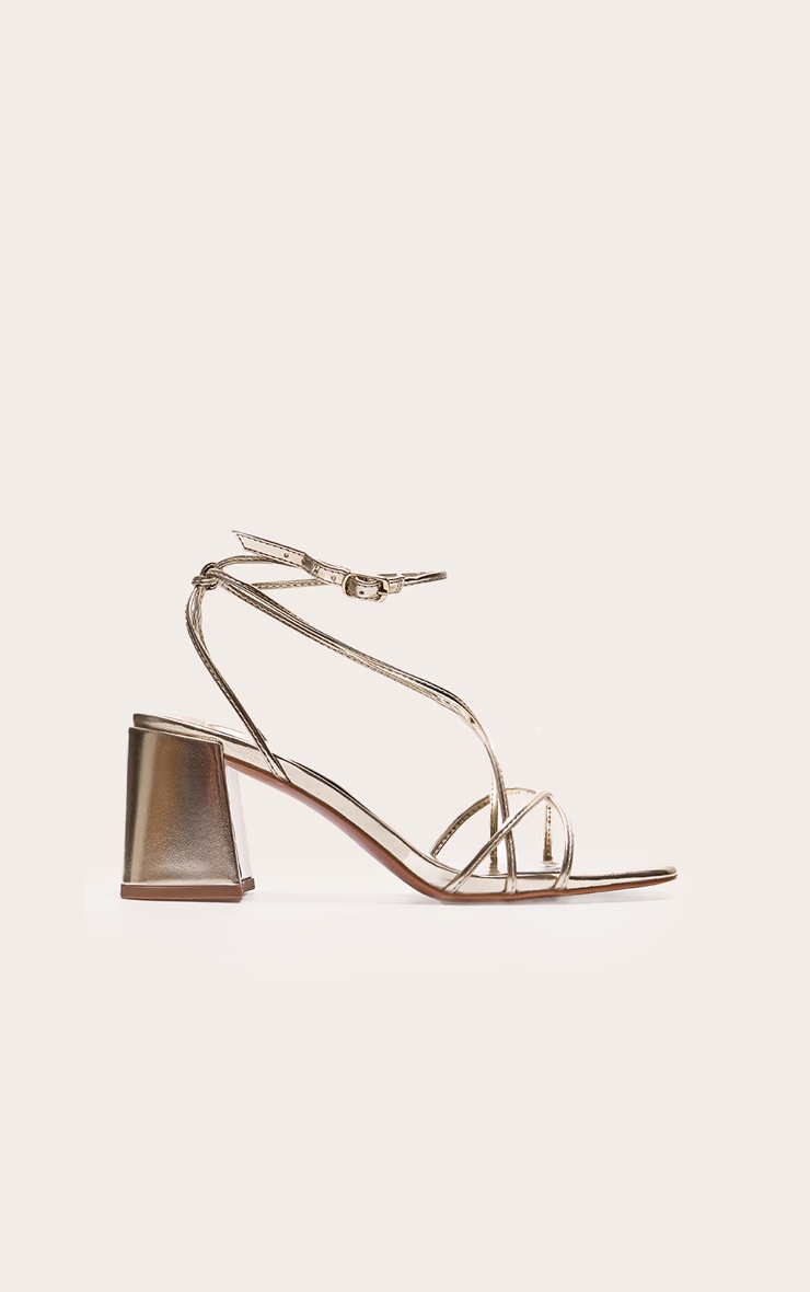Gold PU Round Toe Strappy Mid Block Heel Sandals image 2