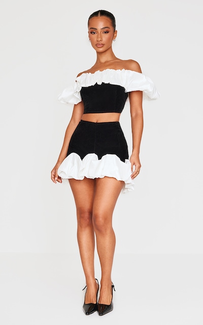 Petite Black Velvet Ruffle Detail Asymmetric Mini Skirt