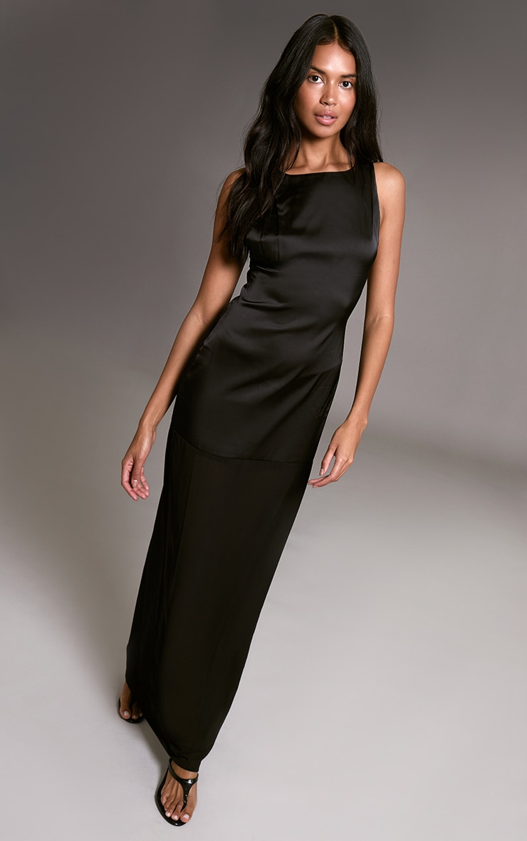 Black Satin Boat Neck Chiffon Detail Maxi Dress image 3