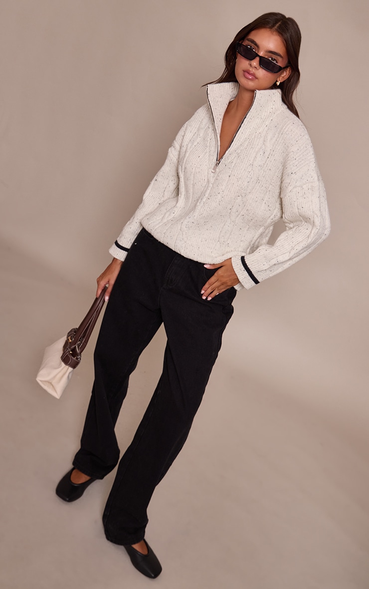 Pull oversize en maille tricot torsadée gris clair à zip image 3
