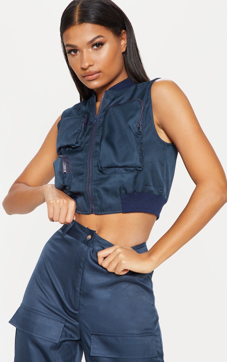 Navy Sleeveless Utility Zip Top Tops PrettyLittleThing USA